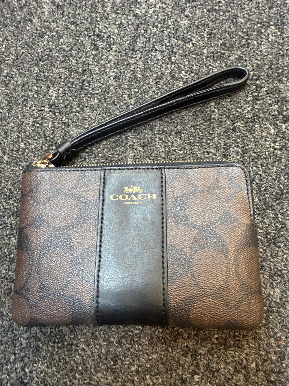 Coach Corner Zip Wristlet in Brown with Black Stripe